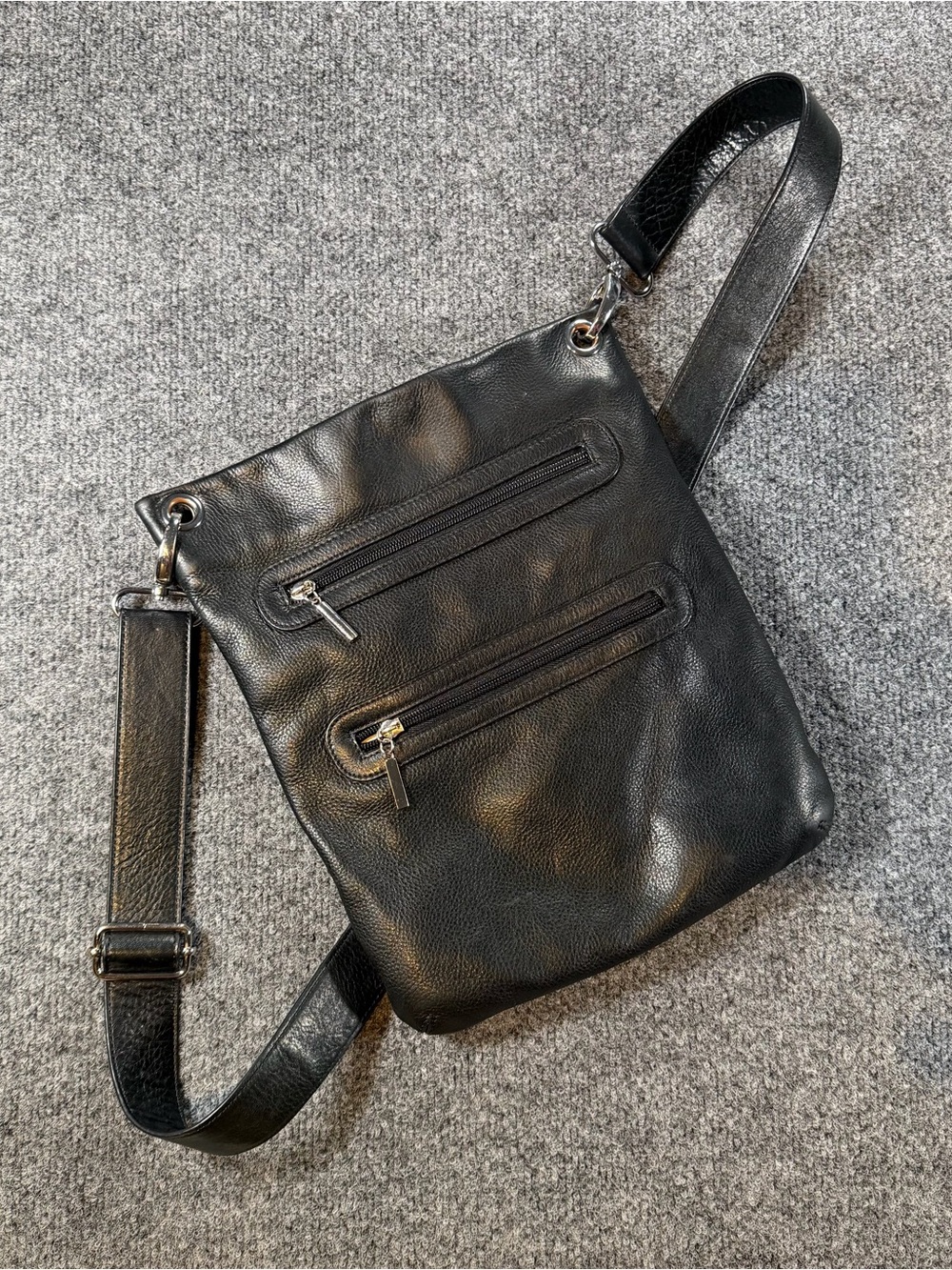 Margot NY Mickey Double Zip Pebble Black Leather Crossbody Sling Bag
